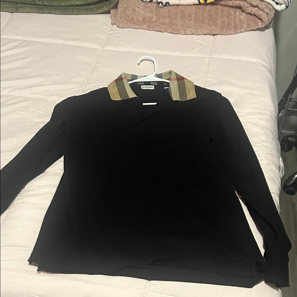 Burberry Black Top with Tan Plaid Collar
